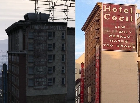 این همون نمای هتل Templar جنوبیه که راک‌استار با وسواس از روی Cecil Hotel بازسازی کرده — برج آب و تبلیغات روی آجرها رو ببین، دقیقاً همون حسِ تاریک و بدنام رو داره. همون‌جایی که توی دنیای GTA لئونورا جانسون احتمالاً اقامت داشته، مثل الیزابت شورت واقعی.