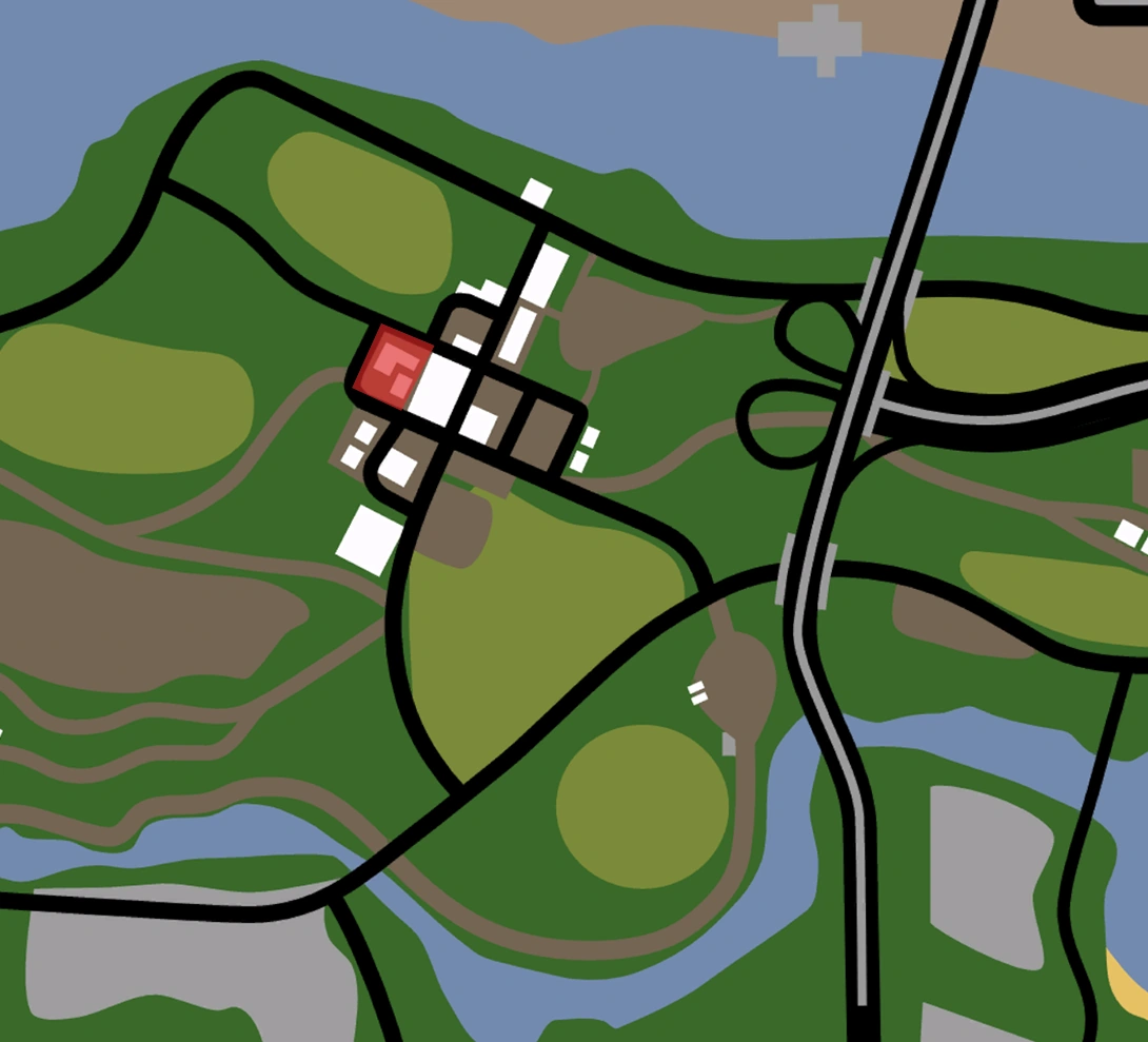 نقشه‌ای از بیمارستان کریپن مموریال توی GTA San Andreas — جایی که اسمش یادآور یه دکتر قاتل واقعیه. راک‌استار واقعاً توی انتخاب اسم‌ها بی‌رحم بوده.
