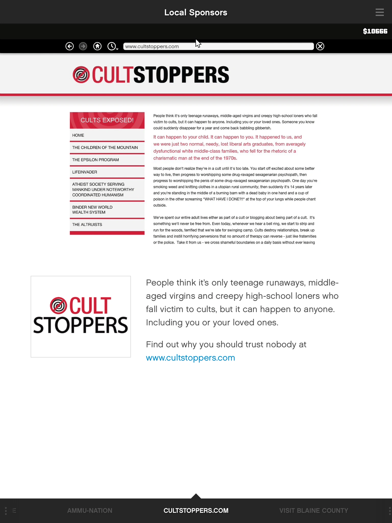 این همون صفحه Cultstoppers.com داخل GTA V، جایی که بازیکن می‌تونه با محتوای درون‌بازی‌ش آشنا بشه.