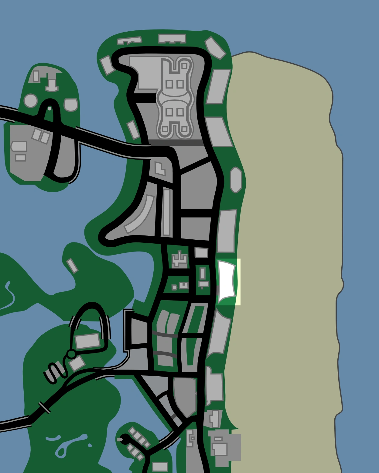 The hotel's spot on the Vice City map — where Rockstar quietly planted a genuinely abandoned building into their 1986 world, a detail that took players ten years to clock.