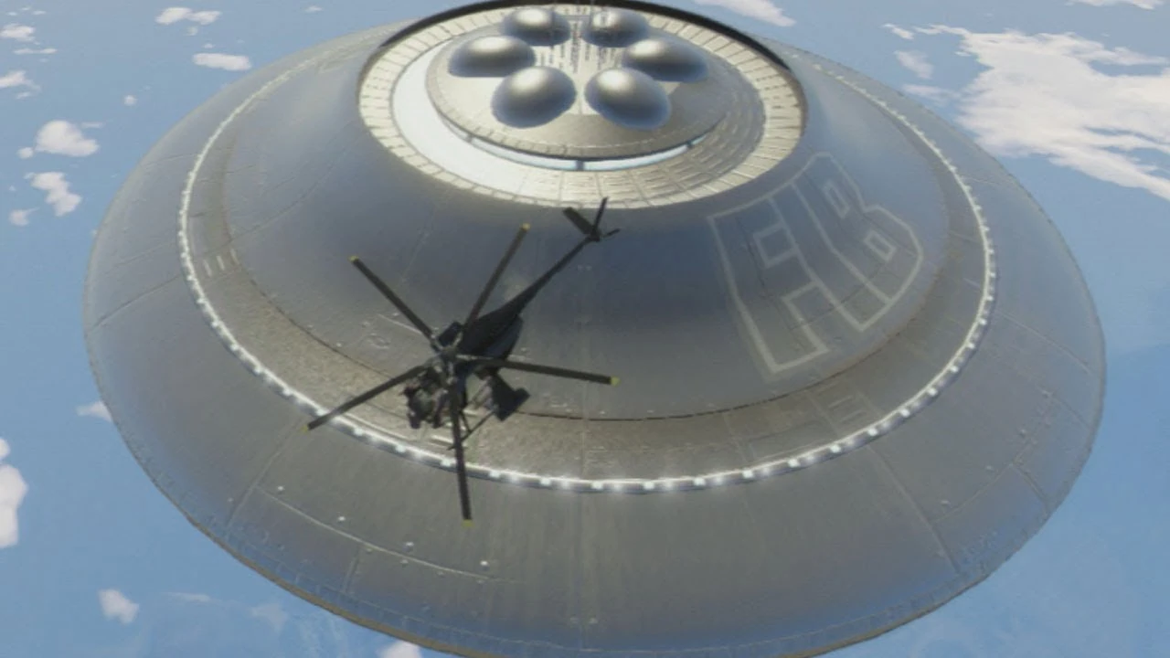 This shot likely shows a UFO emblazoned with the FIB logo lurking somewhere on GTA V's map — real alien tech or just Bureau black ops cosplaying as little green men?