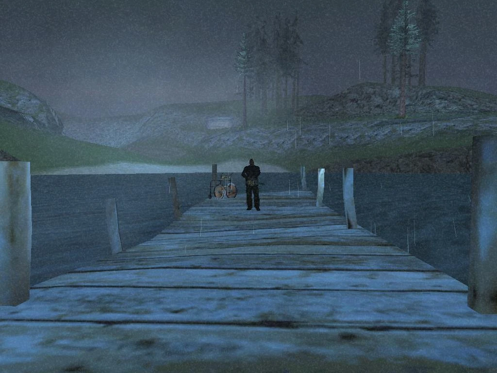 Wide shot of the lagoon with that lonely wheelchair sitting in the middle of nowhere, like it's waiting for someone who never came back.