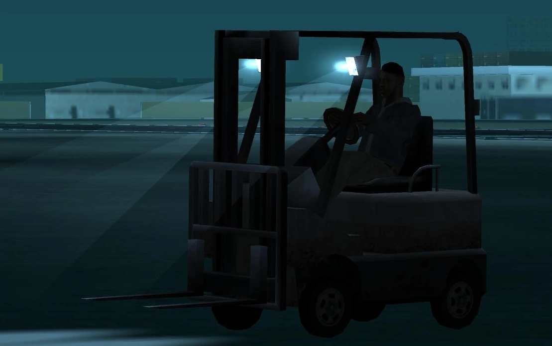The 'ghost car' myth in the flesh — a looping convoy of Forklifts, Tugs and Baggages haunting the LV airport containers, driving like possessed machinery.