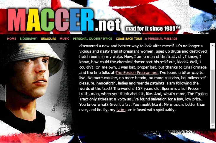Maccer's old website screenshot with cryptic Epsilon references that never outright confirm he preached to the crew — fueling years of fan speculation about his cult ties.