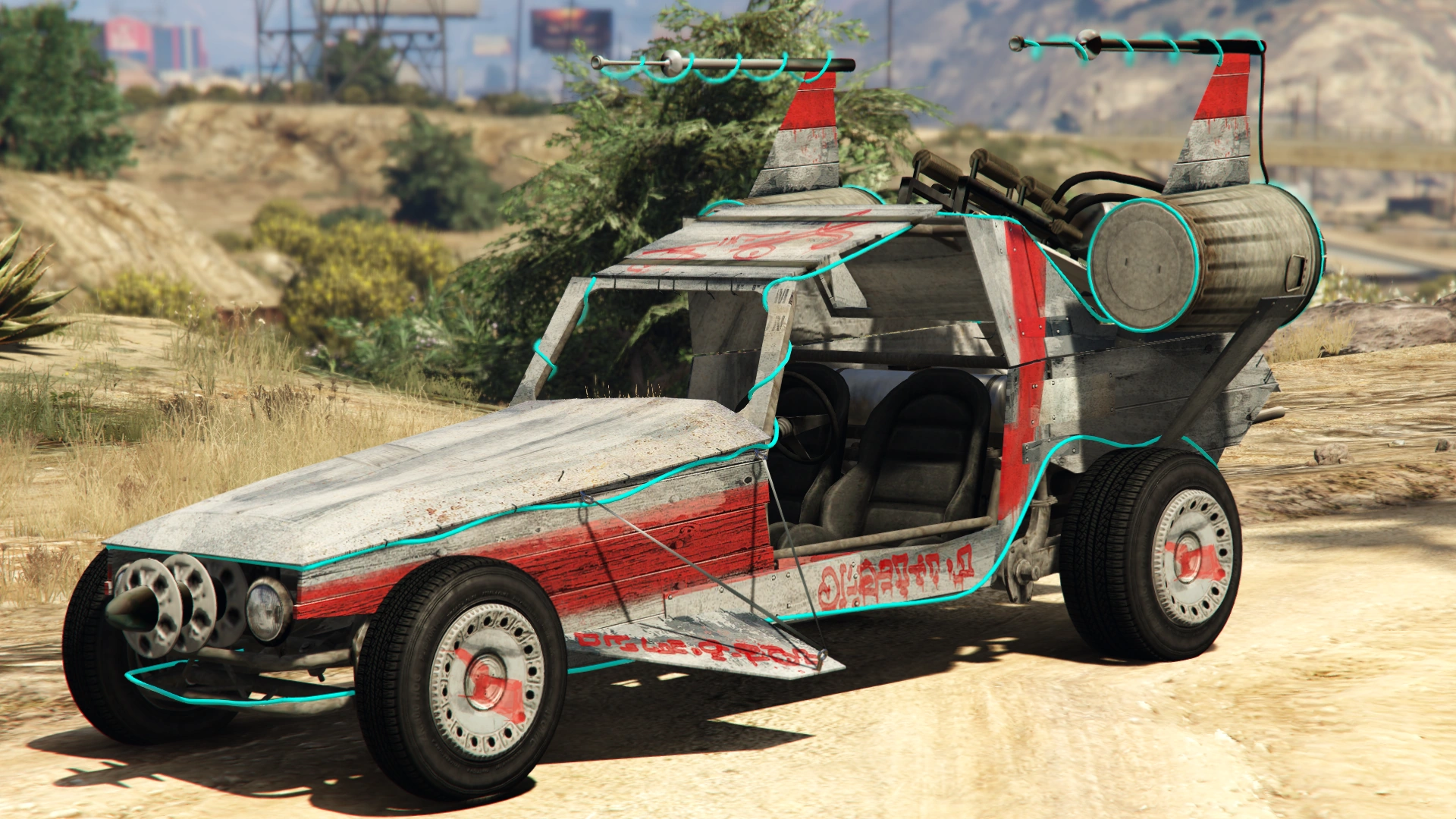 Front view of the Space Docker showing its signature green headlights — the only ride in GTA V rocking that alien glow and weird symbol-covered body.