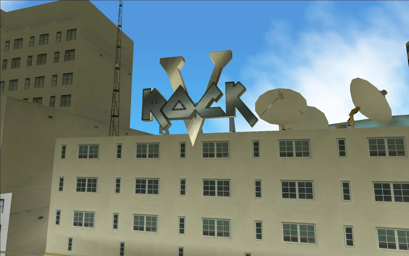 نمای استودیوی V-Rock توص Vice City با لوگوی مشکوکش — همون فونت آیرن میدنی که فنها رو به این فکر انداخت شاید پشتش یه چیزای اپسیلونی در جریانه
