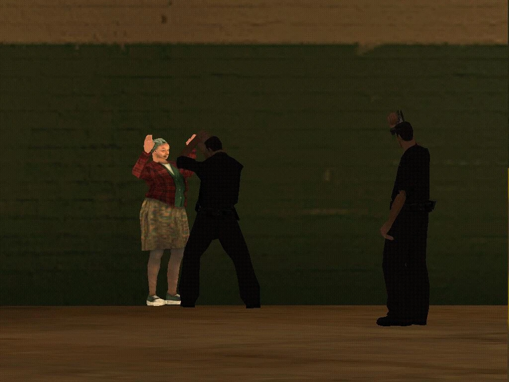 The frozen victim with hands up while two LSPD officers beat them in the underground garage — a grim snapshot of '90s police brutality that Rockstar left permanently broken.