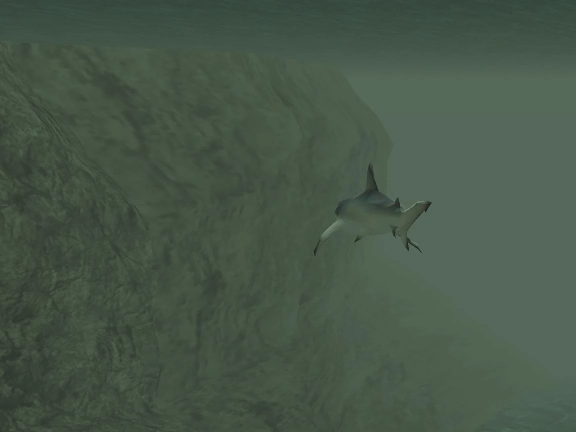 Player somehow caught the shark mid-spawn, but the scenery's getting more love than the 'mythical' beast itself.
