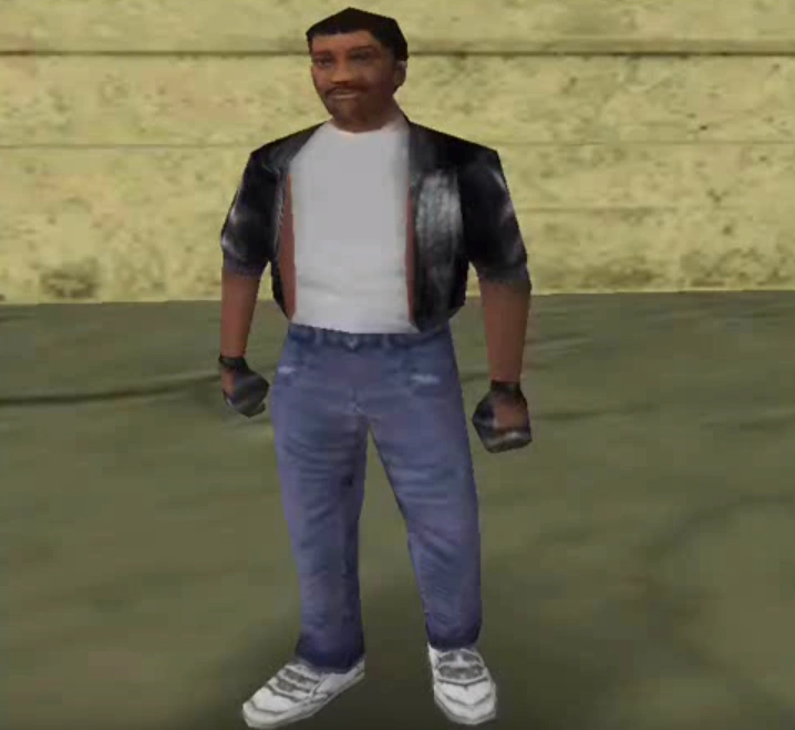 A Vice City street criminal 'driving' a stolen chopper on the ground like a sedan — rotors spinning, turning pedestrians into instant roadkill.