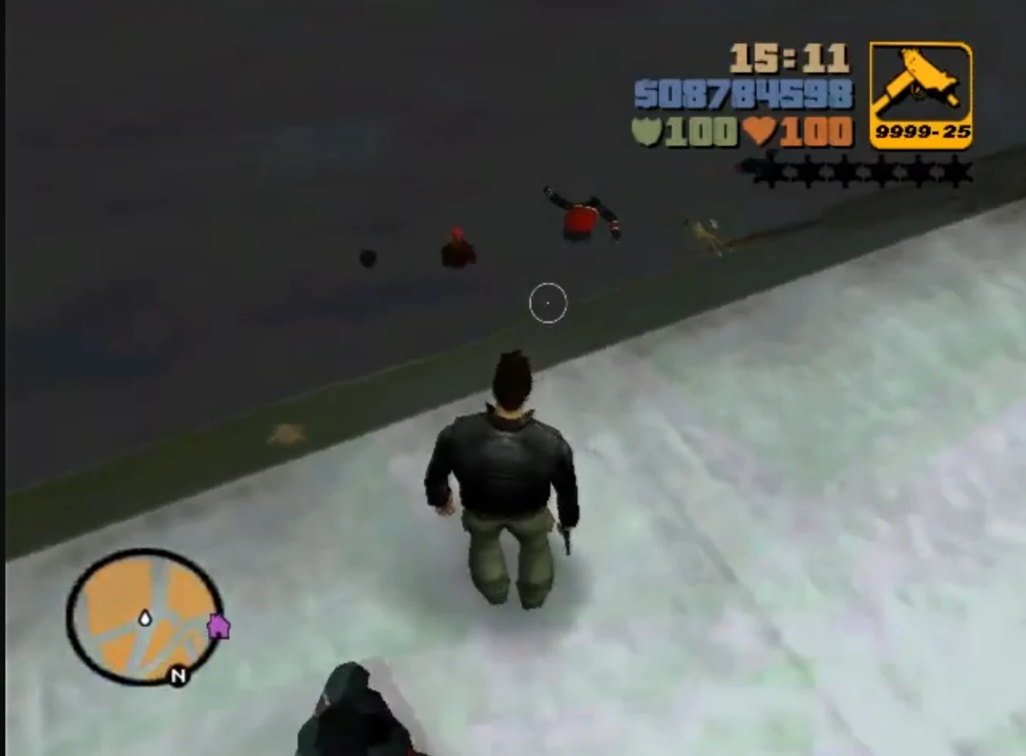 That classic GTA III moment where a pedestrian drops off a ledge — looks like a lemming leap, but it's just panicked AI pathfinding going full send.