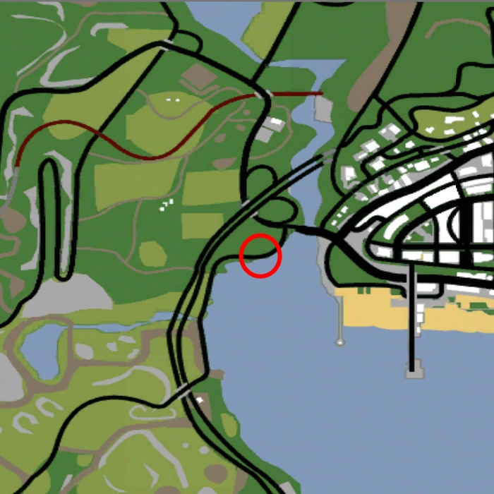 The map reveals the brutal truth: the nearest pedestrian path is across the ocean in Rodeo, so the pathfinding bug turns them into a drowning legend.