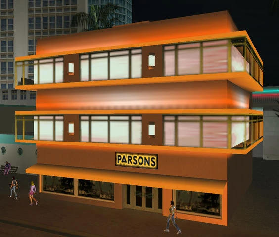 The Parsons Hotel exterior in Vice City — looks like a normal hotel, but it's hiding a secret from a whole different universe up top.