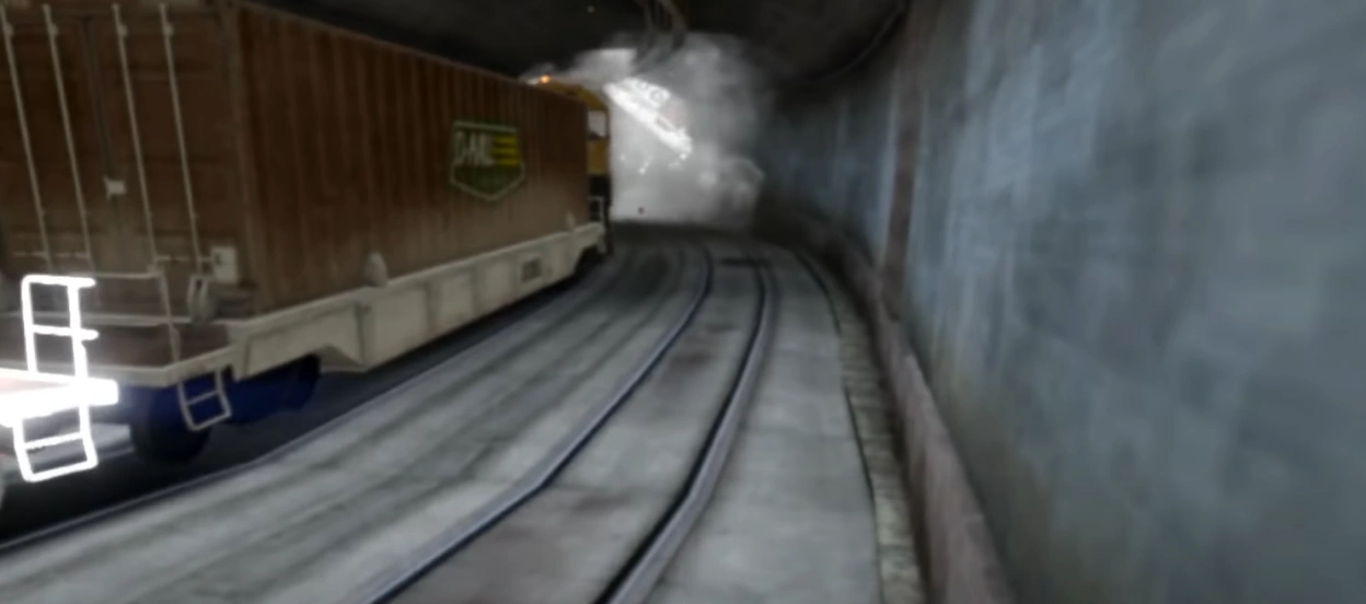The infamous Yankton train glitch in action — two trains, one collision, total chaos.