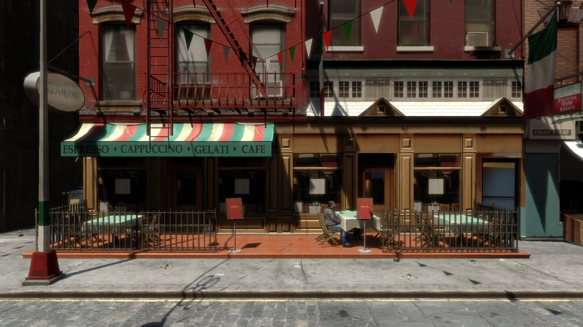 نمای اصلی کافه Espresso - Cappuccino - Gelati - Cafe که مستقیم از رستوران Il Cortile توی مولبری ۱۲۵ کپی شده، ولی نیمه راستش یه چیز دیگهست.