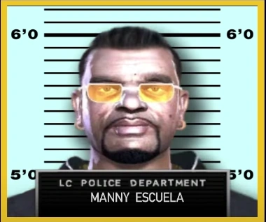 Manny's mugshot from back when he was alive and not yet a wall decoration.