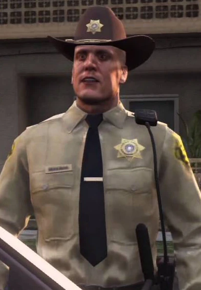 Standard LSSD deputy gear on Kirkman—nothing special till you spot him paired with Grimes and the whole Walking Dead reference clicks.