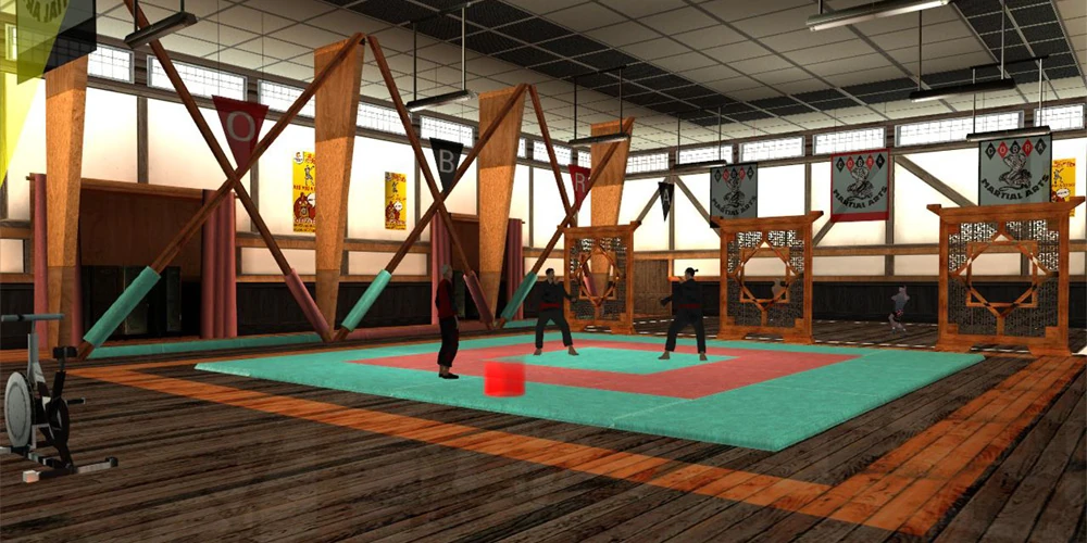 The dojo interior with the training mat — unused leftover content that never saw Katie's spawn in the final cut.