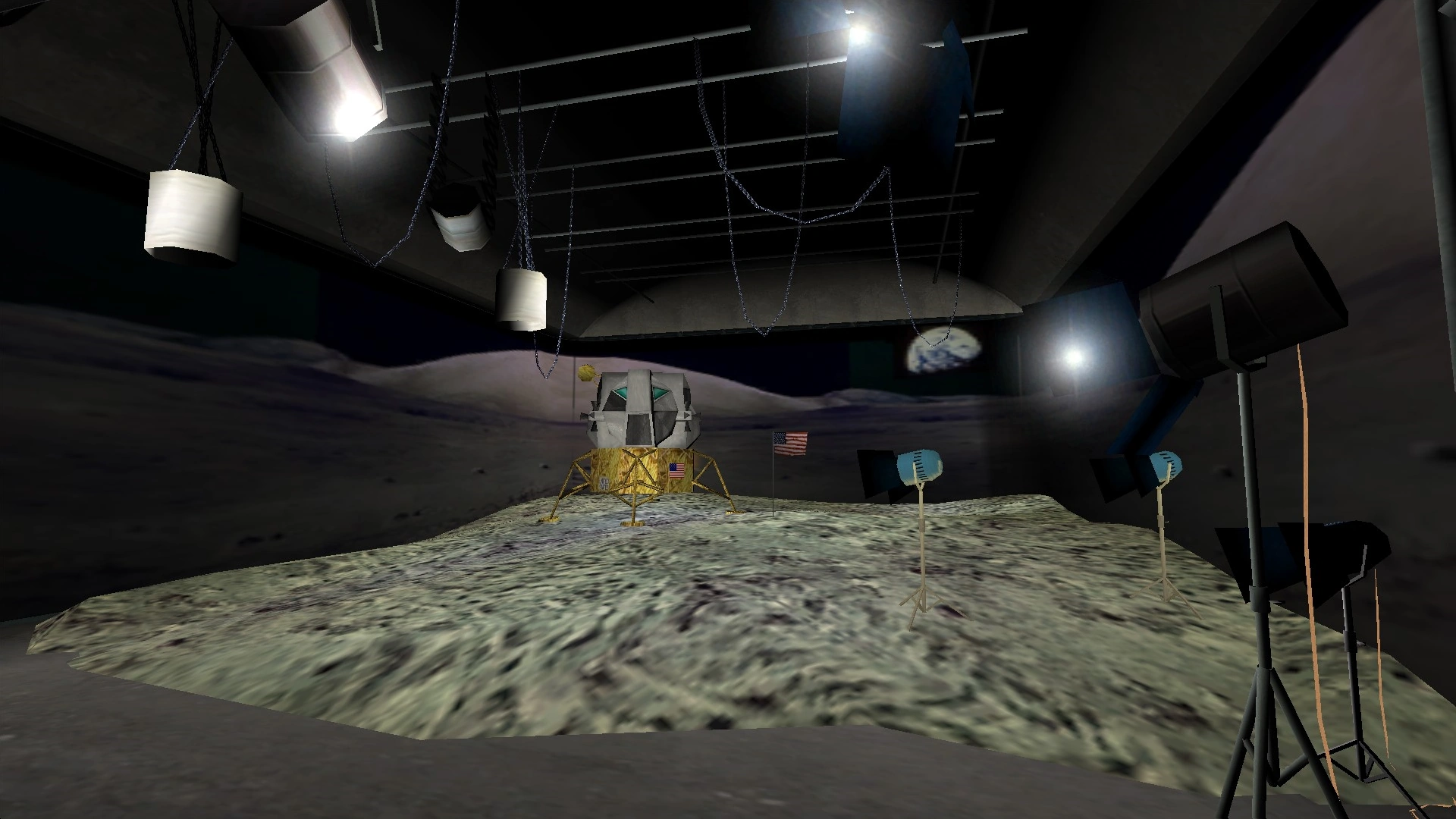 اینم از دکور داخلی استودیوی اینترگلوبال توی Vice City — همونجایی که کوبریک و دیزنی قراره صحنه فرود روی ماه رو جعل کنن، با پرچم آمریکا و ماژول آپولو و همه چی!