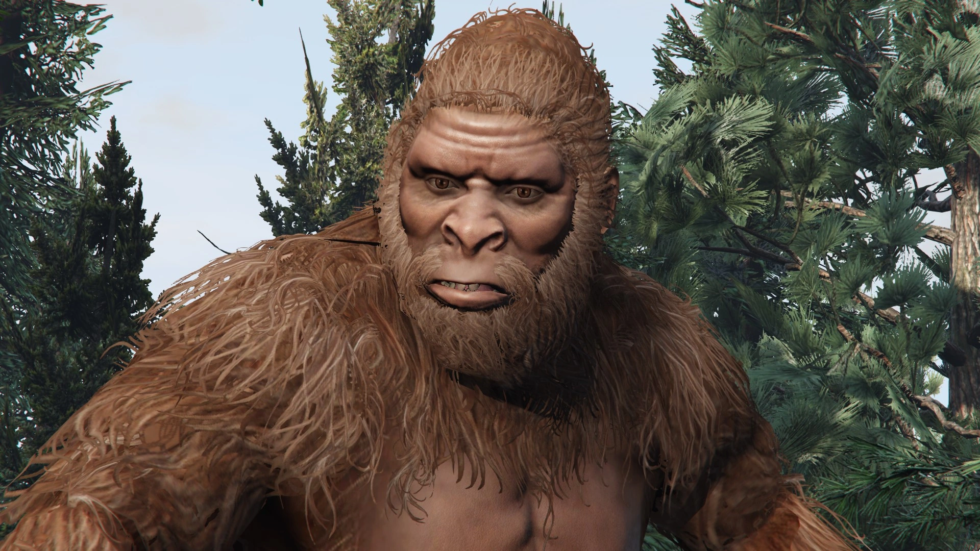 Close-up of GTA V's Sasquatch — the very creature CJ never actually found, no matter how hard he looked.