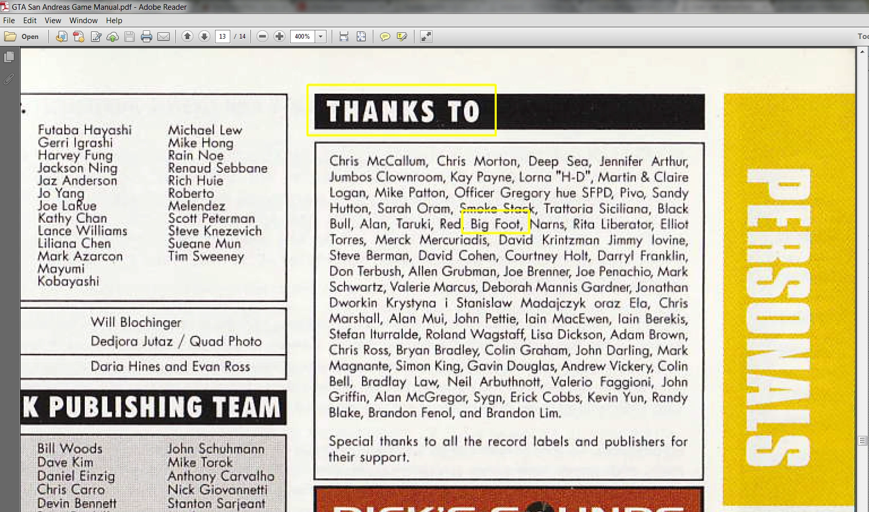 The 'BigFoot' entry from GTA San Andreas' manual — ground zero for the 6-year myth that started it all.