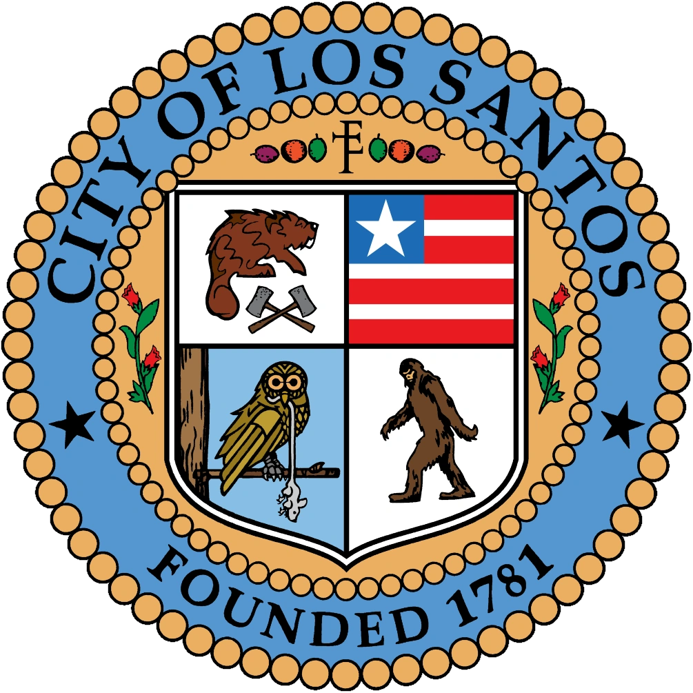 The Los Santos seal in GTA V — a city that's housed both the San Andreas legend and this decades-running Sasquatch gag.
