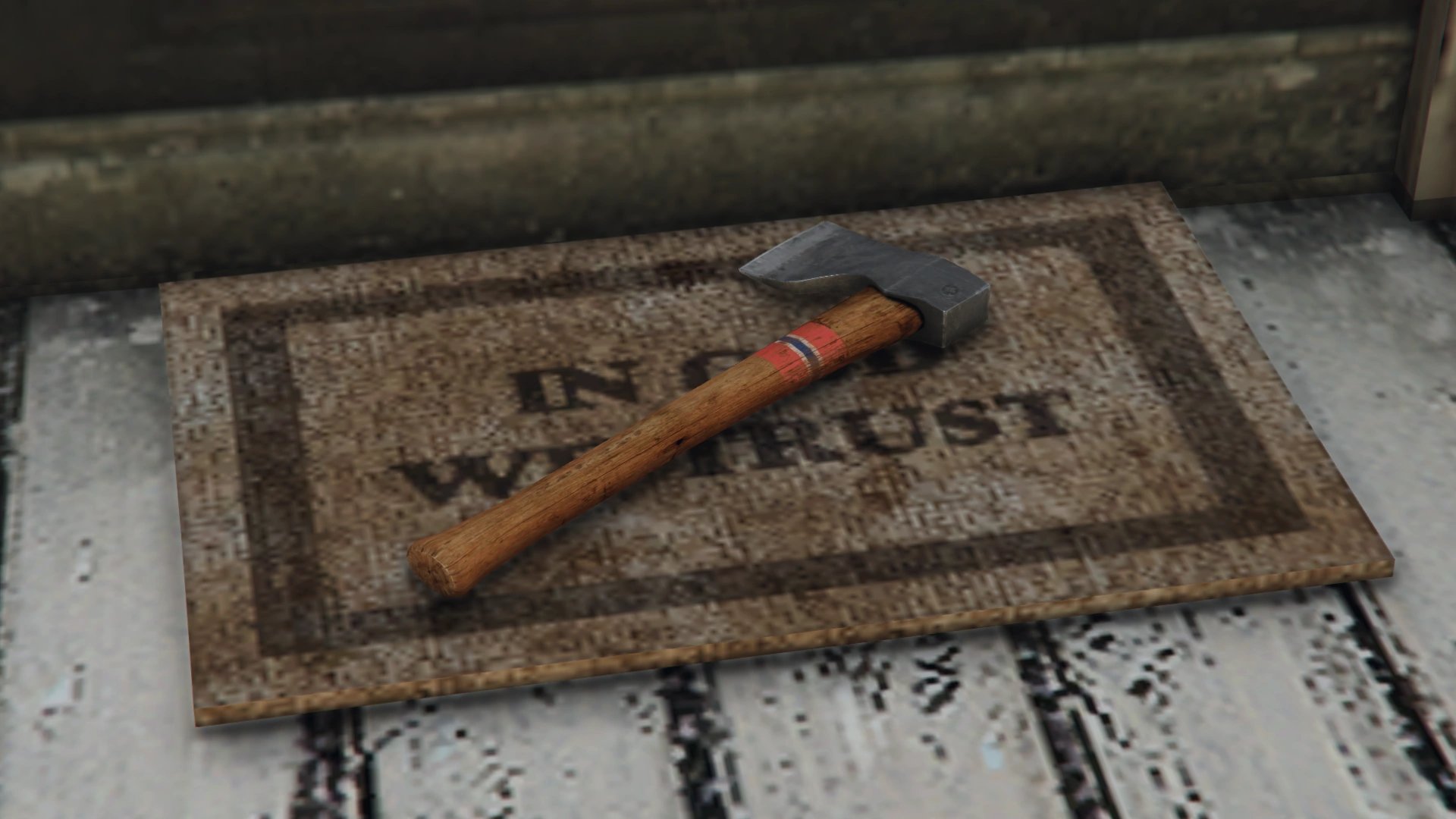 Hatchet spawn point nearby — but the real weapon here is that promotional poster.