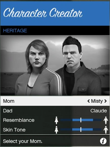 Misty and Claude in GTAO's character creator — another classic protagonist callback, just like CJ on Lester's book.