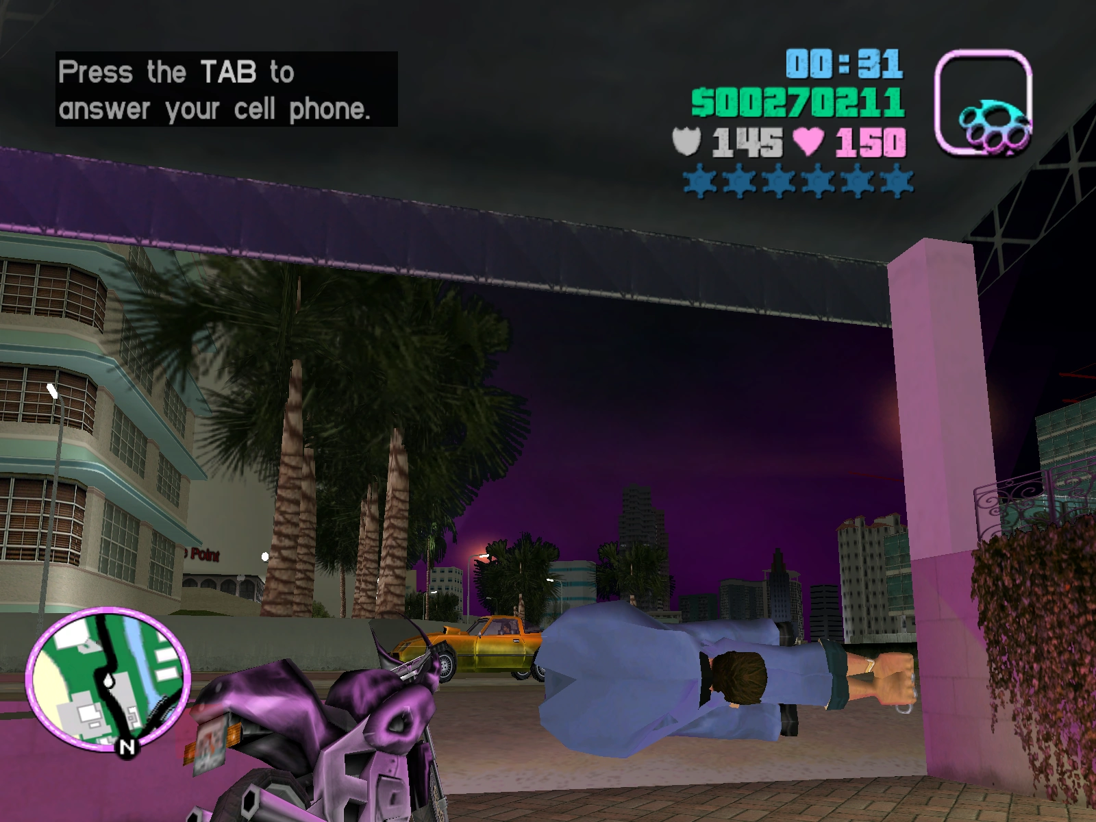 Tommy caught mid-glitch, folded up on the floating car roof — right before physics decides to yeet him into the pavement.