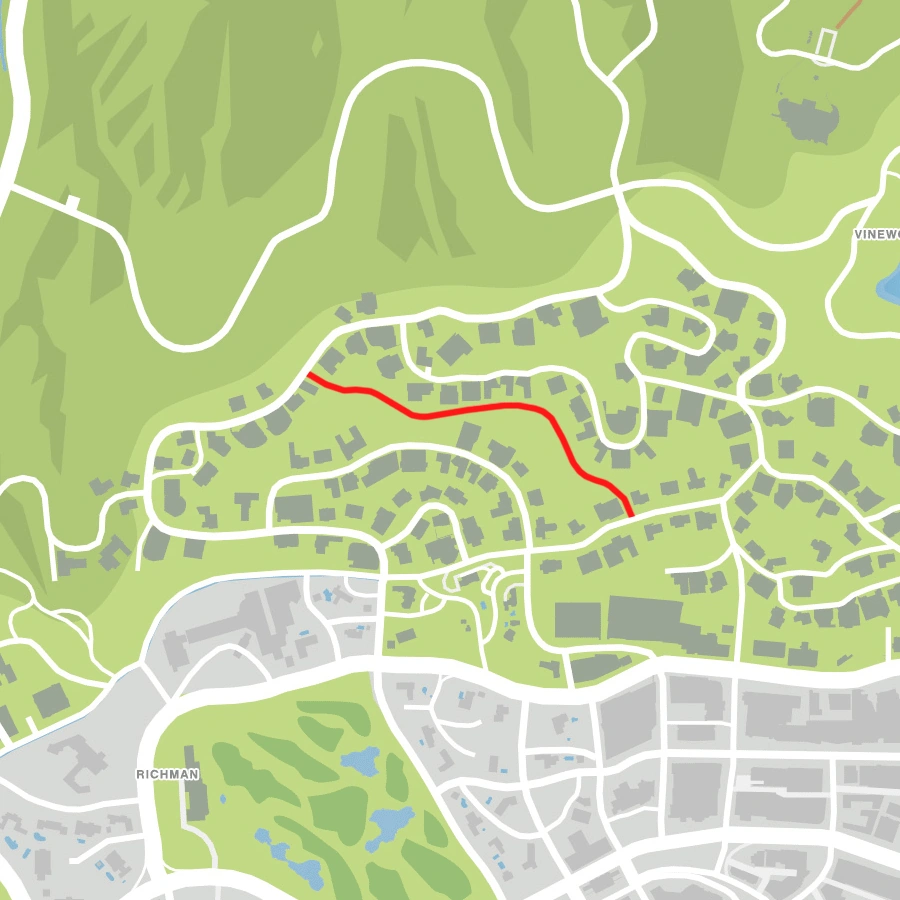 Official GTA V map showing Hillcrest Ridge Access Road's place in Los Santos — originally meant to honor Rockstar map artist Daniel Hanwell before the name got scrubbed.