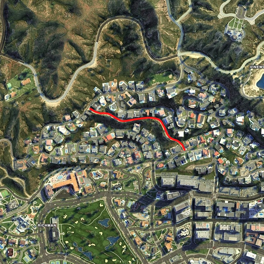 Satellite view of the same stretch — you can see the scale of terrain that a veteran map artist like Hanwell would've shaped by hand.