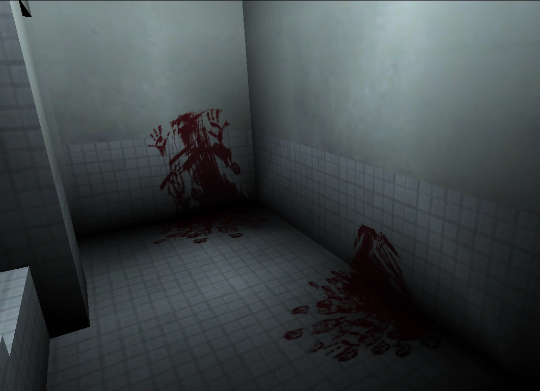 A view down the bathroom hallway where blood-soaked walls bring that raw Scarface terror to life.