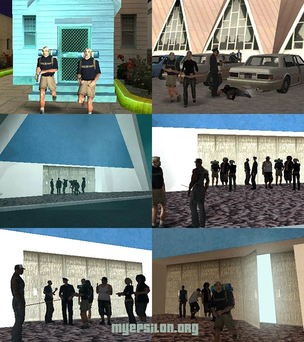 One of the infamous doctored screenshots showing CJ at an 'Epsilon meeting' inside the chapel. Pure fan fiction — none of this exists in the actual game.