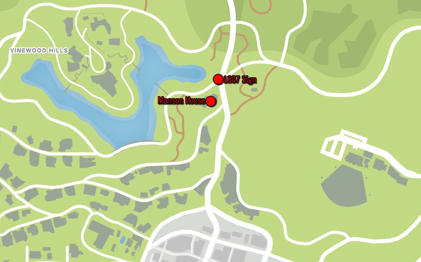 Map pinpointing the Manson-inspired ranch house deep in Vinewood Hills, where night parties turn into instant massacres at the slightest player touch.