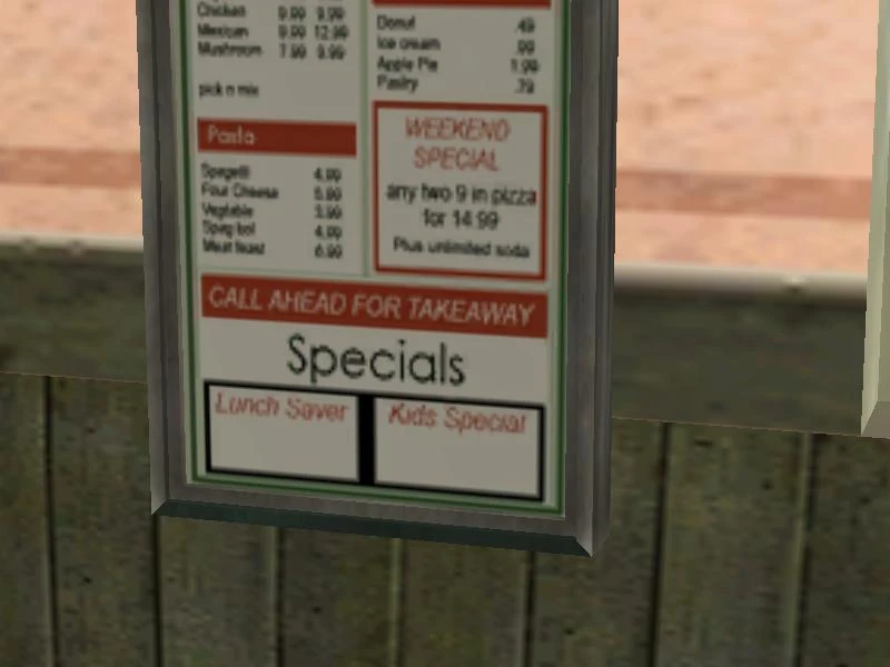 The money shot — zoomed right in on that tall/medium/short trio. A whole-ass child in GTA SA, just vibing on a barbershop window.