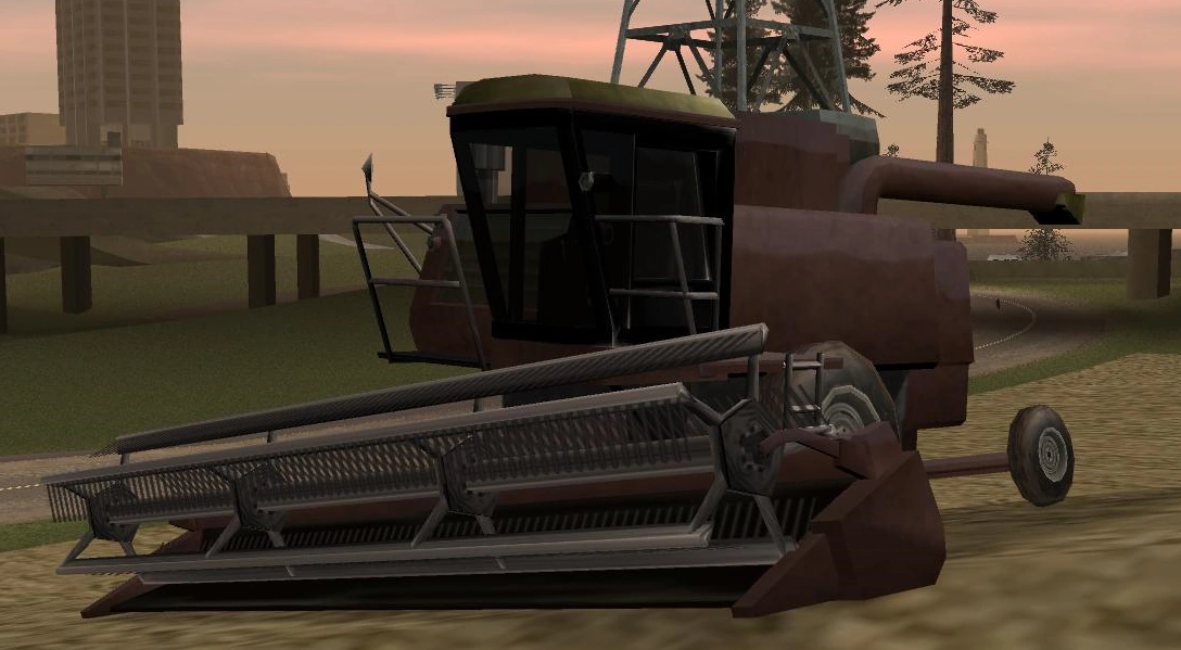 The Combine Harvester dropping actual wheat bundles in the countryside — a farming detail most players blow right past.