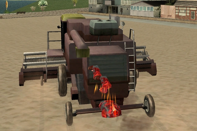 The infamous pedestrian-gibbing side of the same machine — totally separate from the wheat farming vibe.