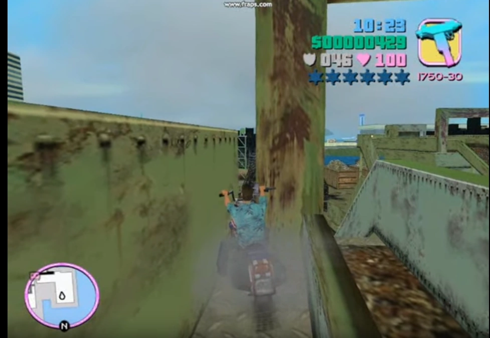 The exact broken crane corner at the Junkyard — run into this spot and you get yeeted straight to the Haitian Drug Factory, no explanation given.