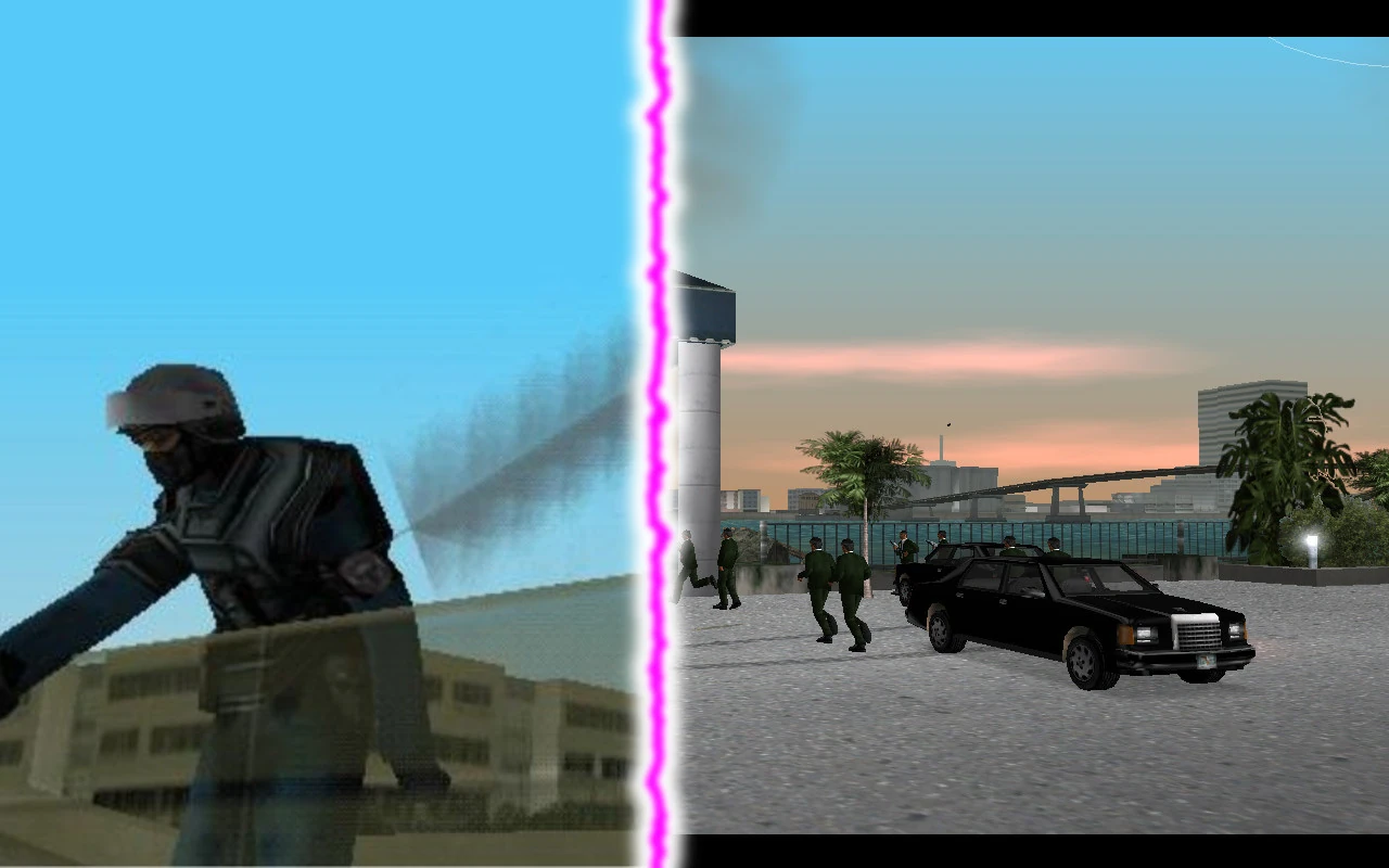 این شات از GIGN و DGSE توی Vice City نشون می‌ده چطور باگ استتارشون کرده بود — یهویی همه فکر کردن اینا مامورای مخفی با تکنولوژی نامرئی شدن!