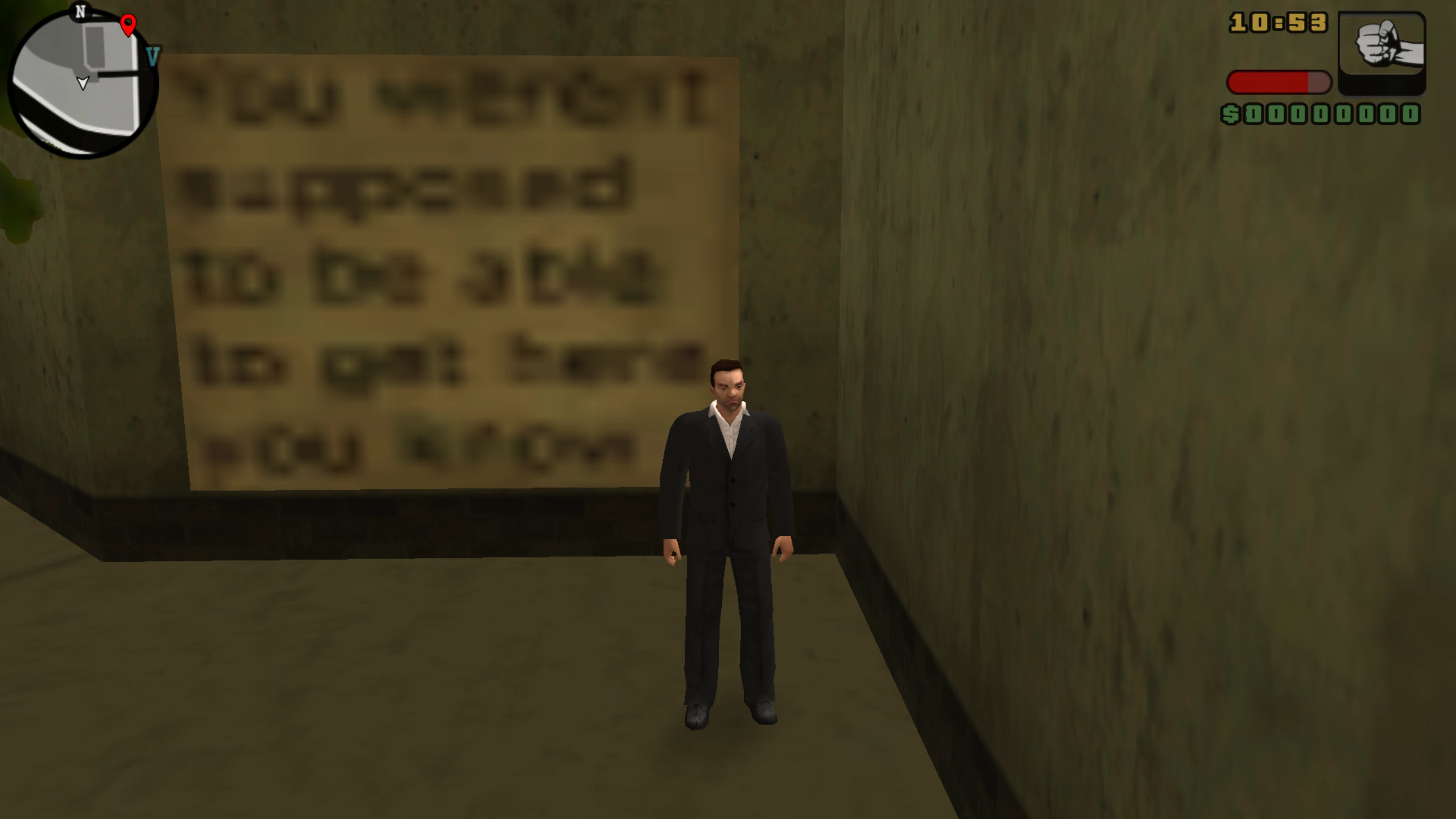 نسخه موبایل Liberty City Stories هم همین شوخی رو داره، ولی حالا با فونت تمیزتر. هنوم همون حس گنگ بودن رو داره.