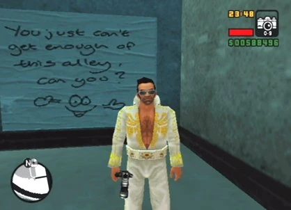نسخه PS2 Liberty City Stories — سازندهها دوباره این شوخی رو انداختن تو بازی. انگار عادت کرده بودن بازیکنای گیج رو مسخره کنن.