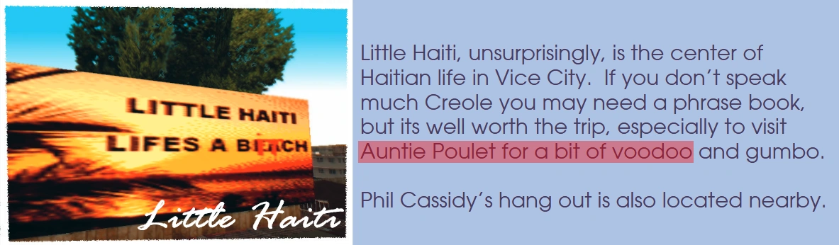 The official Vice City manual page that validates Auntie Poulet's powers — Rockstar's signed canon seal on the Voodoo myth.