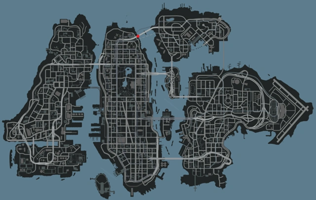 La carte Northwood Heights Bridge : elle montre comment Liberty City a été reconstruite au fil des époques, mais des éléments sombres comme cette cellule ensanglantée ont continué d'être recyclés.