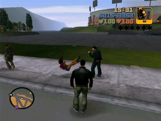La fameuse image de GTA III : le mur brisé à l'arrière du commissariat, la cellule cachée ruisselant d'empreintes sanglantes, réutilisée plus tard dans Grand Theft Aero.