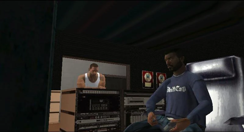This Cut Throat Business shot likely shows Madd Dogg's crib — the same spot where that creepy worship portrait hangs, sparking wild Epsilon cult theories among fans.