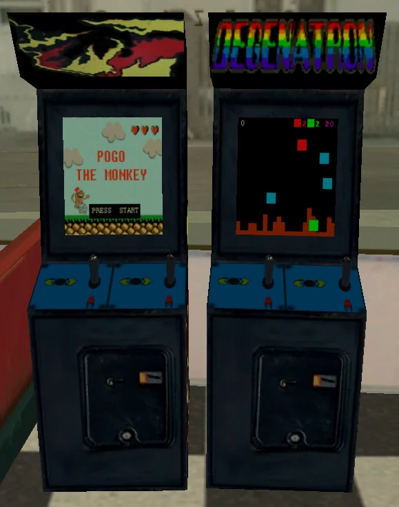 Arcade games nodding to retro mind-control paranoia in pop culture — fits The Truth's whole vibe.