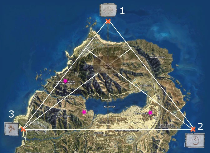 The full GTAV map with the three mystery points plotted out—connect the dots and the triangle reveals itself, altitudes converging dead on the peak.
