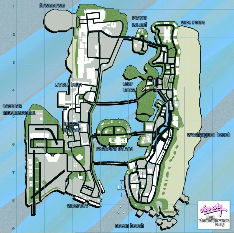 نقشه کلاسیک Vice City که هنوز هم تو فایلای بازی جاسازی شده؛ یه جورایی مثل یه شبح از گذشته‌ی بازیه که بازیافتنش نشون می‌ده چقد محتوای حذف‌شده توی فایلای VCS پنهون شده.