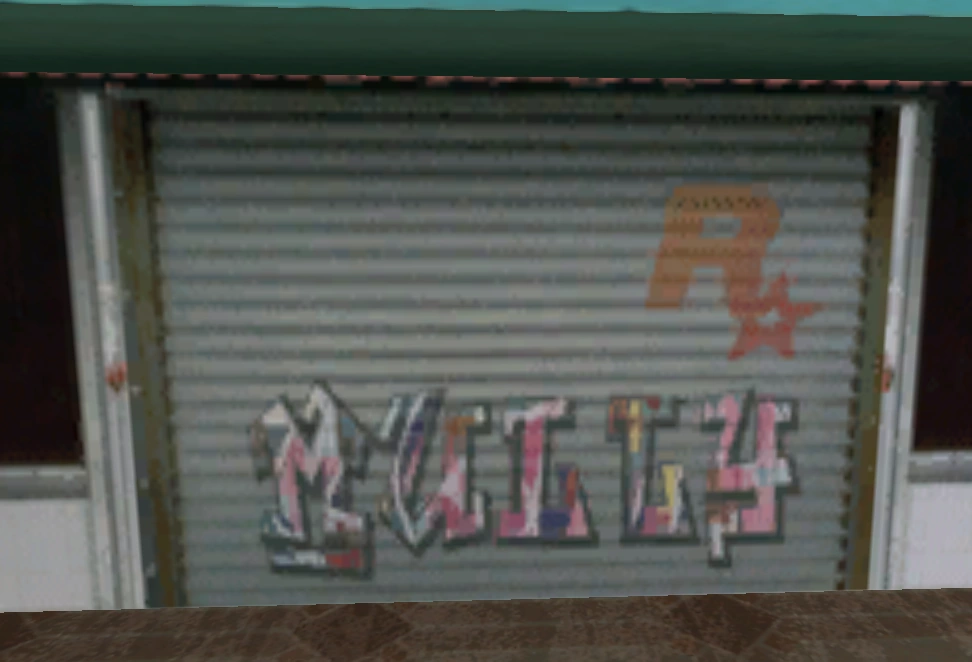 Rockstar logo tagged on a Vice City wall — where every creepy urban legend usually has some truth buried in it.