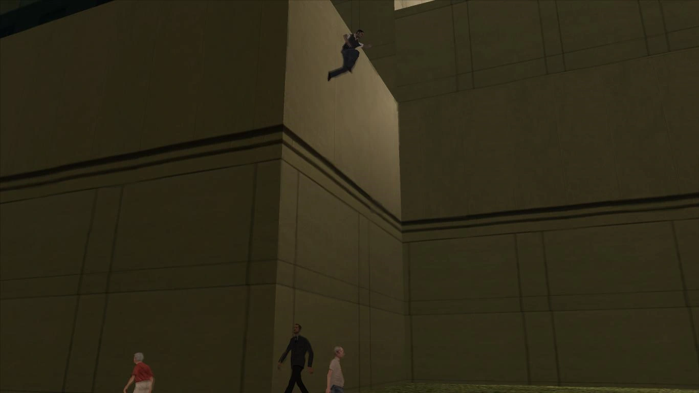 Exterior view of the driving school showing the path to the roof where the pedestrian mysteriously lands.