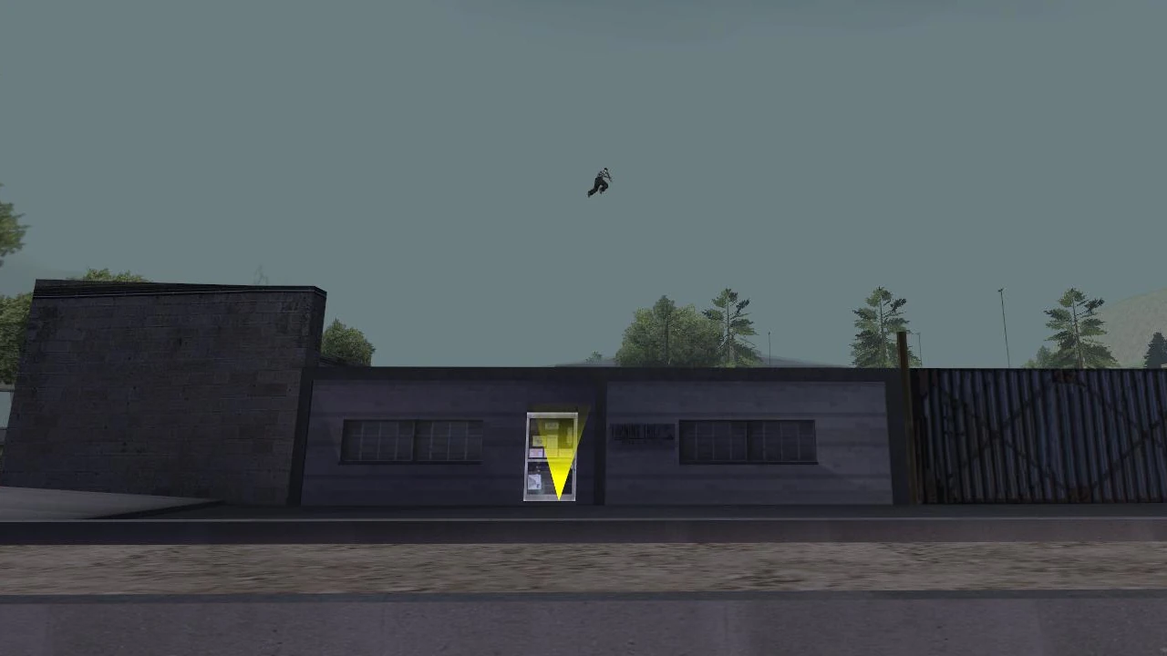 The pedestrian plummeting from the sky onto the school roof — a classic Hidden Interiors Universe glitch in action.